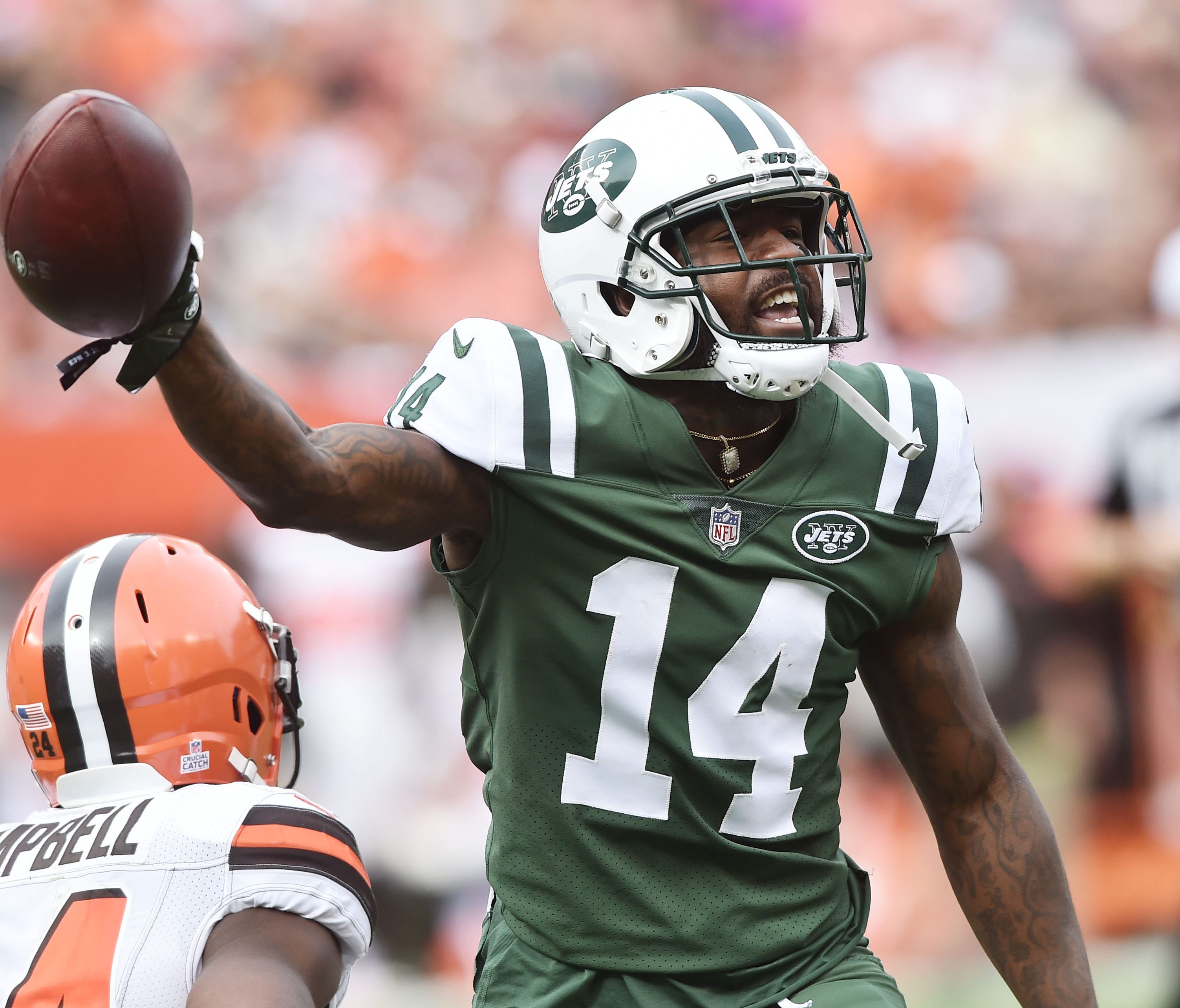 Oct 8, 2017; Cleveland, OH, USA; New York Jets wide receiver Jeremy Kerley (14) celebrates after a first down catch during the second half against the Cleveland Browns at FirstEnergy Stadium. Mandatory Credit: Ken Blaze-USA TODAY Sports