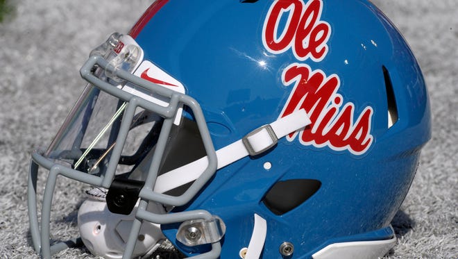 Oct 17, 2015; Memphis, TN, USA; Mississippi Rebels helmet before the game between the Memphis Tigers and the Mississippi Rebels at Liberty Bowl Memorial Stadium. Mandatory Credit: Justin Ford-USA TODAY Sports