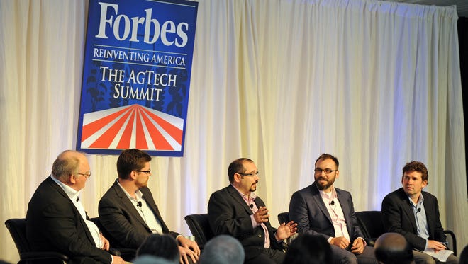 From left, at the 2015 Forbes panel in Salinas entitled "The Connected Farm," are Ron LeMay of FarmLink, Adam Little of Granular, Wade Barnes of Farmers Edge, Erik Andrejko of The Climate Corporation and moderator Dan Bigman. 