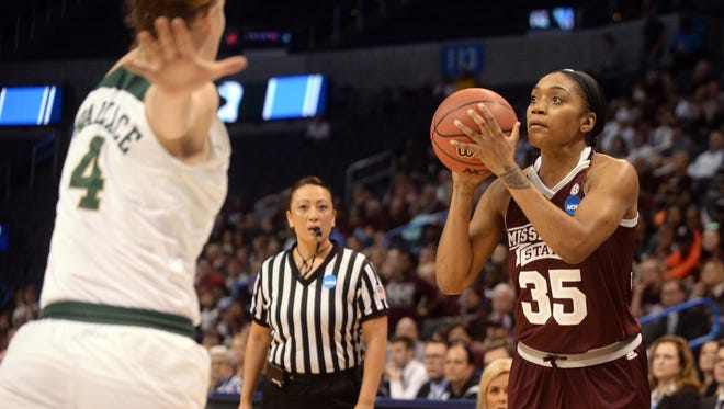 Mississippi State's Victoria Vivians (35) takes a shot against Baylor in the Elite Eight.