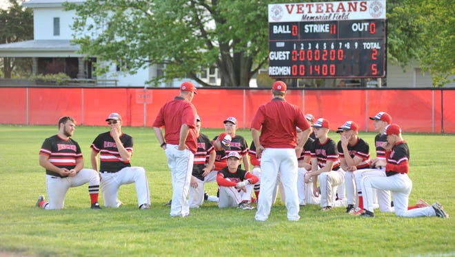 Sean Maudsley talks to him team after their 5-2 win over Willard in the sectional semifinal.