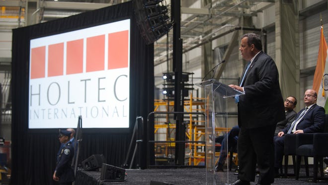 New Jersey Governor Chris Christie speaks during the Holtec International ribbon cutting celebration ceremony of Holtec's Krishna P. Singh Technology Campus in Camden, N.J. The complex is receiving $260 million in state tax credits to support its technology center. Holtec is expected to employ more than 350 workers at the 600,000-square-foot Camden site.