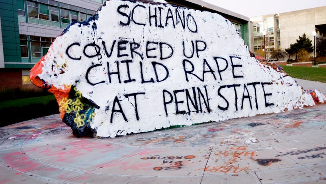 Pictured is the Rock on the University of Tennessee campus on Sunday, Nov. 26, 2017, hours after reports surfaced that the Vols were finalizing the hiring of Greg Schiano. Testimony in 2016 indicated Schiano, who worked at Penn State from 1990-95, had direct knowledge of convicted child sexual abuser Jerry Sandusky's crimes. Schiano has denied the allegations.