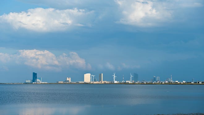 "A shore view of Atlantic City, New Jersey seen from the Absecon Bay."