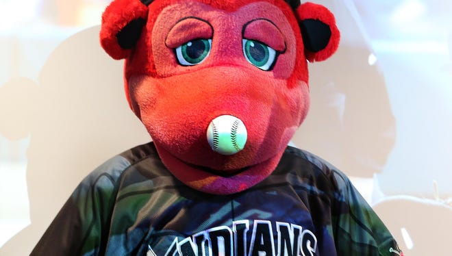 Indianapolis Indians mascot Rowdie models the team's first-ever Batman-themed jersey, which will be worn by the team during Superhero Night Saturday against the Syracuse SkyChiefs. The special jerseys will be auctioned off during the game, with all funds going to Riley Hospital for Children.