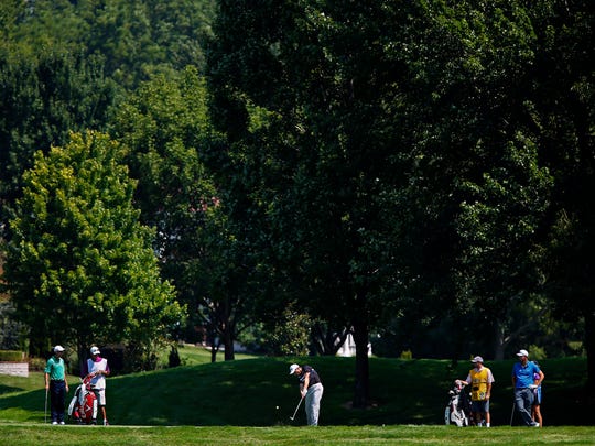 Matt Atkins drives the ball during first round action of the Price Cutter Charity Championship at Highland Springs Country Club in Springfield, Mo. on Aug. 11, 2016.