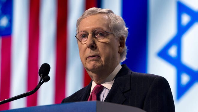 Senate Majority Leader Mitch McConnell, R-Ky., speaks at the 2019 American Israel Public Affairs Committee policy conference in this Tuesday, March 26, 2019 file photo. McConnell is commandeering the Democrats’ Green New Deal in an attempt to expose their divisions and force some of the party’s leading 2020 presidential candidates into an awkward vote.