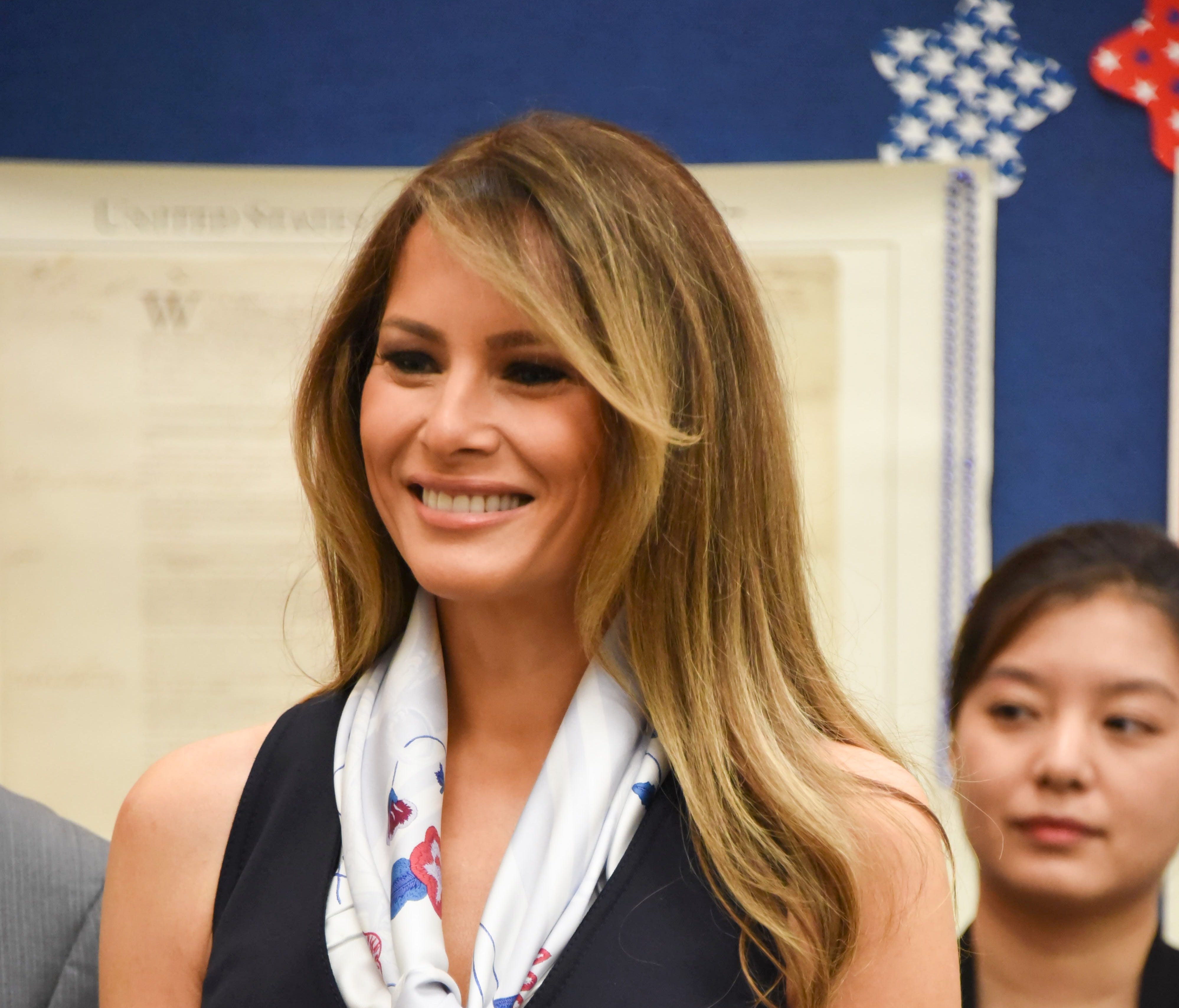 First Lady Melania Trump visits the the Bak Middle School of the Arts, with the People's Republic of China First Lady Peng Liyuan (not shown) on April 7, 2017 in West Palm Beach, Fla.