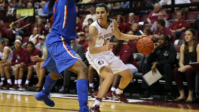 FSU's Leticia Romero looks to dribble past Florida's Dyandria Anderson during their game at the Tucker Center Thursday. 