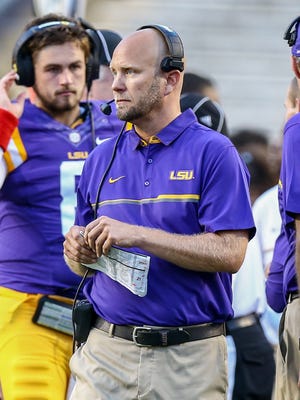 Apr 22, 2017; Baton Rouge, LA, USA; LSU offensive coordinator Matt Canada during the second quarter of the annual Louisiana State Tigers purple-gold spring game at Tiger Stadium. Purple team won 7-3. Mandatory Credit: Stephen Lew-USA TODAY Sports