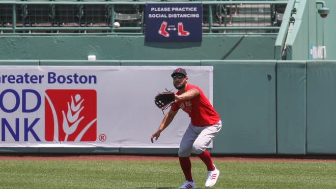 Kevin Pillar works in the Red Sox outfield this weekend. Mandatory Credit: Paul Rutherford-USA TODAY Sports