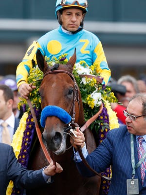 American Pharoah is lead by owner Ahmed Zayat after winning the Breeders' Cup Classic with Victor Espinoza aboard. On left is assistant trainer Jimmy Barnes. Oct. 31, 2015.