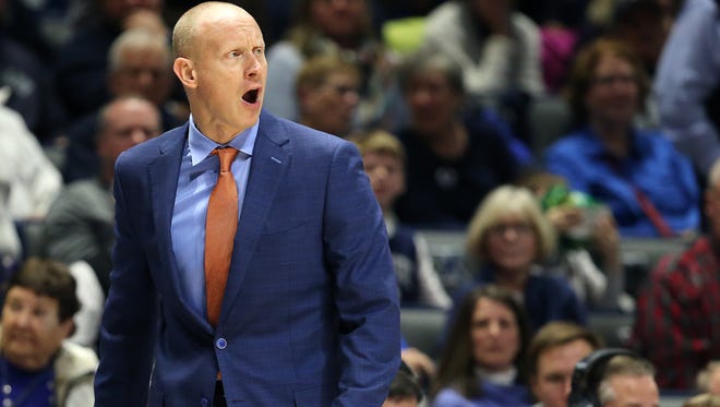 Xavier Musketeers head coach Chris Mack argues with the an official as receives a technical foul in the second half during the college basketball game between the Xavier Musketeers and the DePaul Blue Demons, Saturday, Dec. 30, 2017, Cintas Center in Cincinnati. 