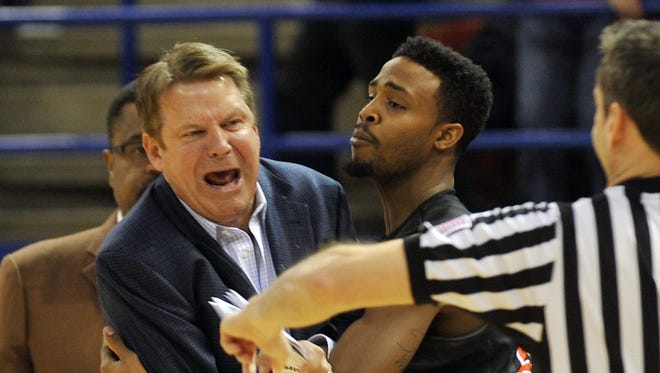 UTEP head coach Tim Floyd gets ejected from game early during the second half of an NCAA college basketball game against Louisiana Tech in Ruston, La., Thursday, Feb. 26, 2015. (AP Photo/Kita Wright)