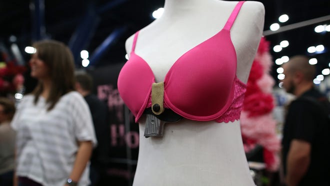 A bra with a built in concealed firerarm holster made by Flashbang Holsters is displayed during the 2013 NRA Annual Meeting and Exhibits at the George R. Brown Convention Center on May 4, 2013 in Houston, Texas.