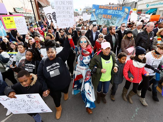 Thousands march down South Street in Morristown during the Women's March on New Jersey