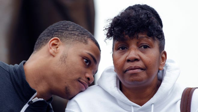 Miles Bridges, left, talks with his mother, Cynthia, on April 13, 2017 in East Lansing. Bridges, a 6-foot-7 forward from Flint, announced he is returning to Michigan State for his sophomore season.