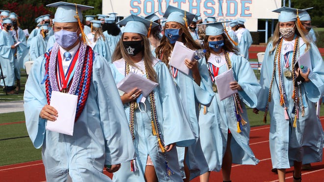 Southside High School graduating seniors leave Jim Rowland Stadium, Friday, July 17, 2020, after the 55th annual commencement.