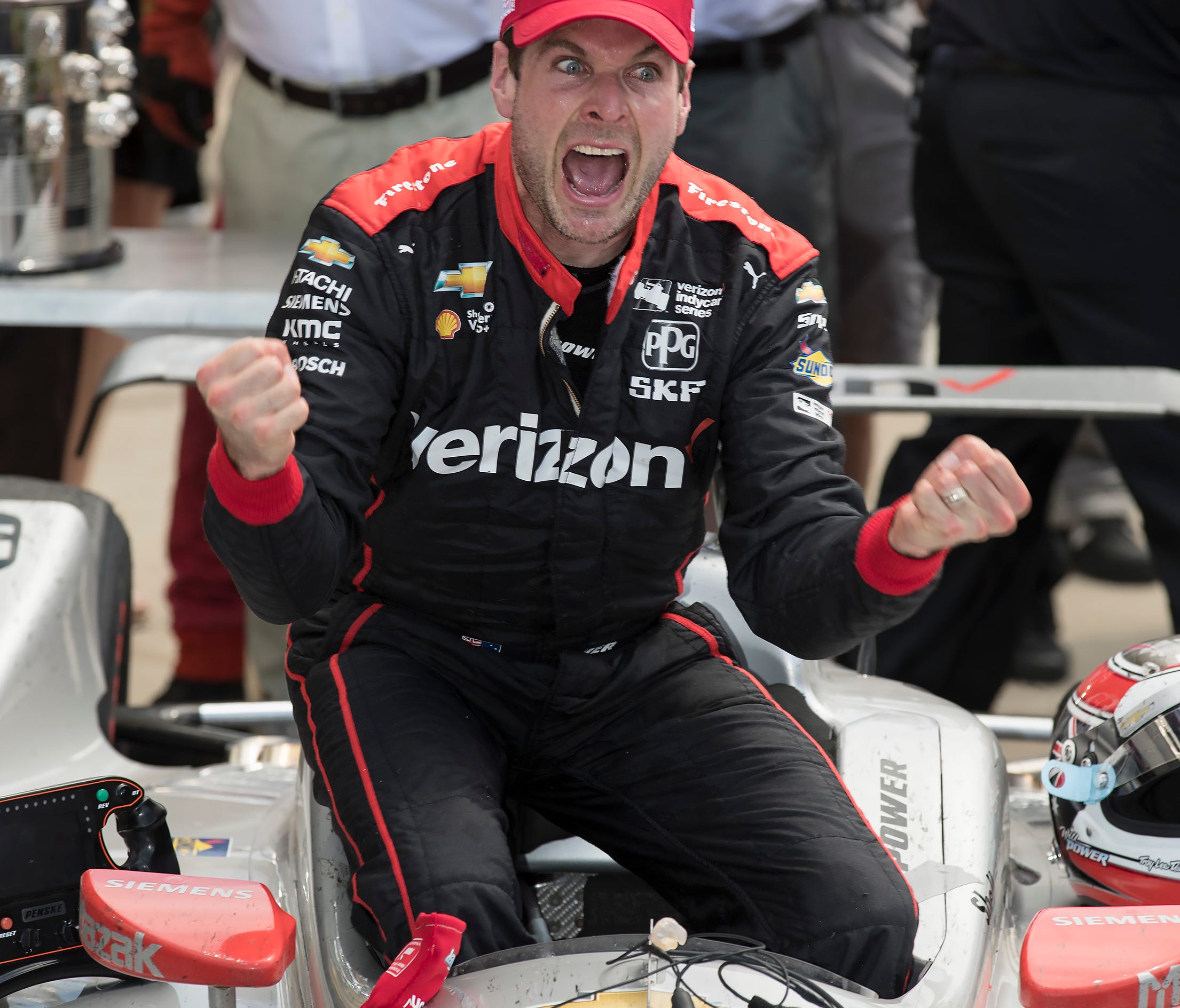 Team Penske IndyCar driver Will Power (12) celebrates winning the102nd running of the Indianapolis 500 at Indianapolis Motor Speedway on Sunday, May 27, 2018.