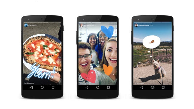 Three smartphones displaying Instagram Stories