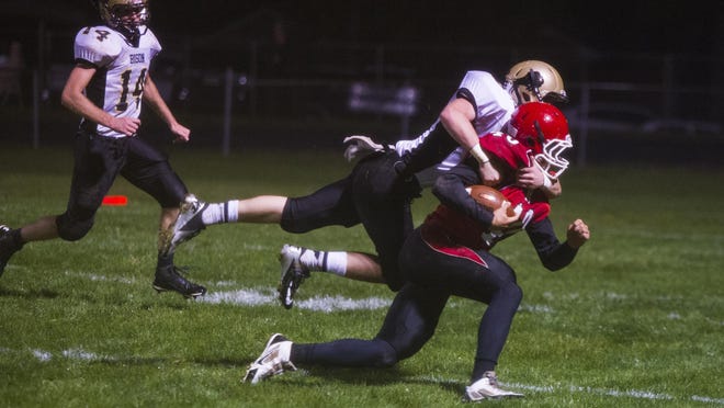 Buffalo Gap’s Austin Comer brings down Riverheads’ Harrison Schaefer just yards away from their goal line during their football game on Thursday.