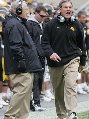Iowa Head coach Kirk Ferentz yells at a referee on Nov. 4, 2006 at Kinnick Stadium, in Iowa City, Iowa.