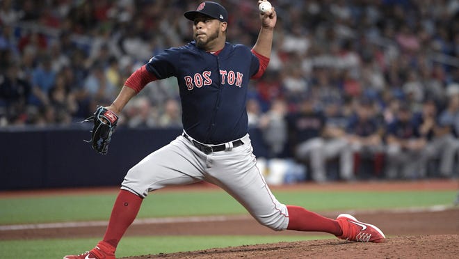 Boston Red Sox pitcher Darwinzon Hernandez (63) throws to home plate during the seventh inning of a game against the Tampa Bay Rays Friday, Sept. 20, 2019, in St. Petersburg, Fla.
