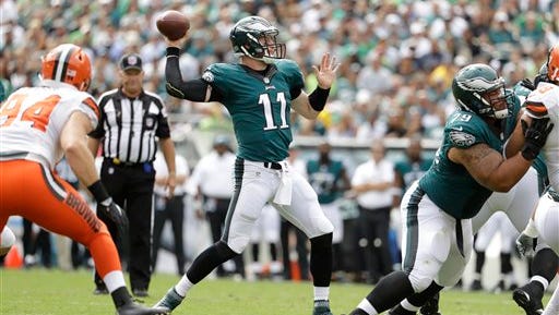 Eagles quarterback Carson Wentz threw for 278 yards with two touchdown passes in the Eagles' 29-10 win over Cleveland on Sunday.