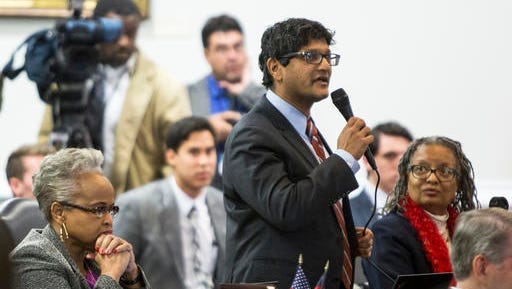 State Sen. Jay Chaudhuri, D-Wake, speaks on the senate floor during a special session of the North Carolina General Assembly called to consider repeal of NC HB2 in Raleigh, N.C., Wednesday, Dec. 21, 2016. North Carolina's legislature reconvened to see if enough lawmakers are willing to repeal a 9-month-old law that limited LGBT rights, including which bathrooms transgender people can use in public schools and government buildings.
