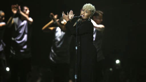 Singer Emeli Sande performs on stage at the Brit Awards 2017 in London, Wednesday, Feb. 22, 2017.