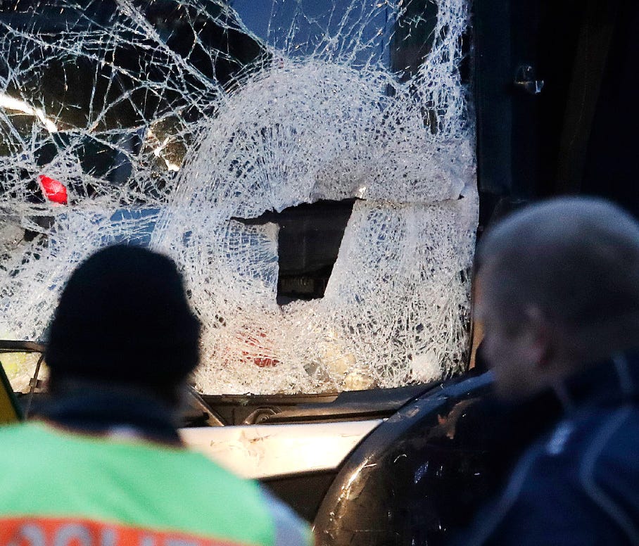 The smashed window of the cabin of a truck that ran into a crowded Christmas market is seen in Berlin on Dec. 20.