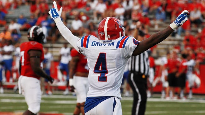 Louisiana Tech wide receiver Sterling Griffin celebrates after a 78-yard touchdown in Saturday's 48-20 win over UL Lafayette.