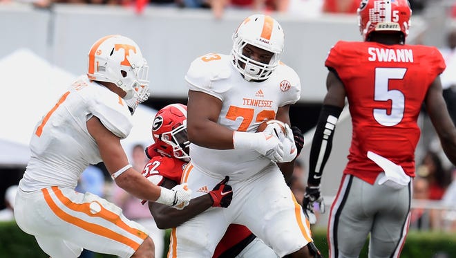 Tennessee offensive lineman Jashon Robertson (73) played at MBA.
