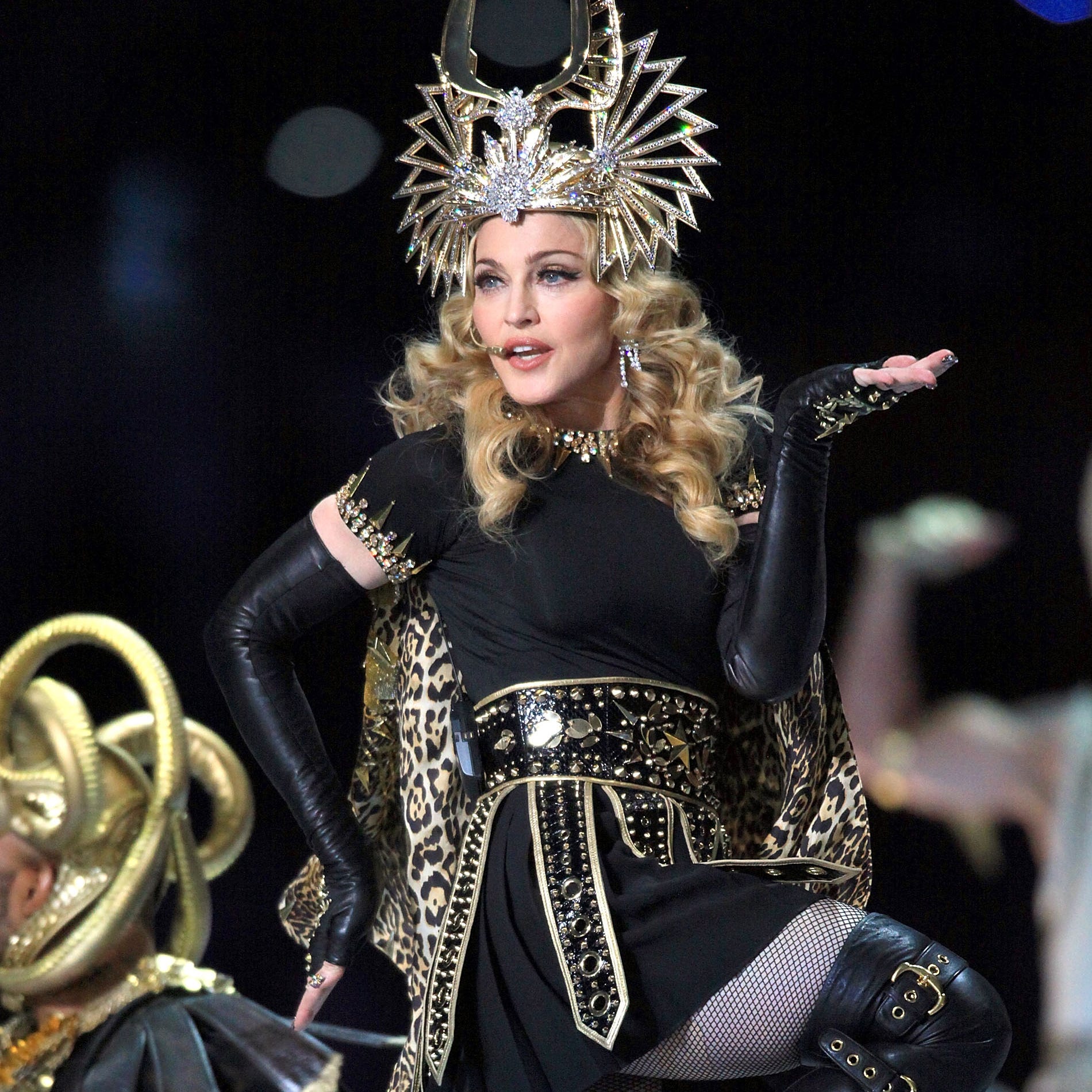 Madonna performs during the Bridgestone Super Bowl XLVI Halftime Show at Lucas Oil Stadium on Feb. 5, 2012 in Indianapolis, Indiana.