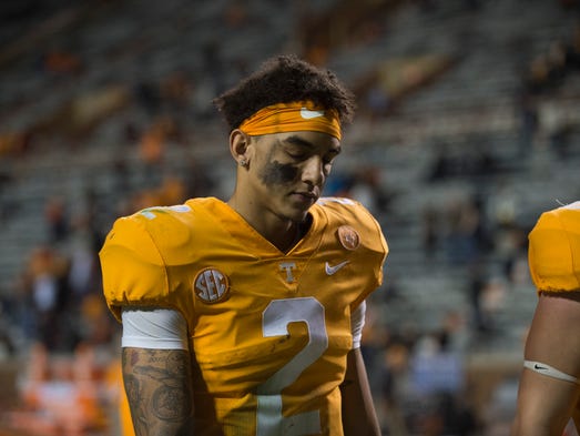 Tennessee quarterback Jarrett Guarantano (2) walks