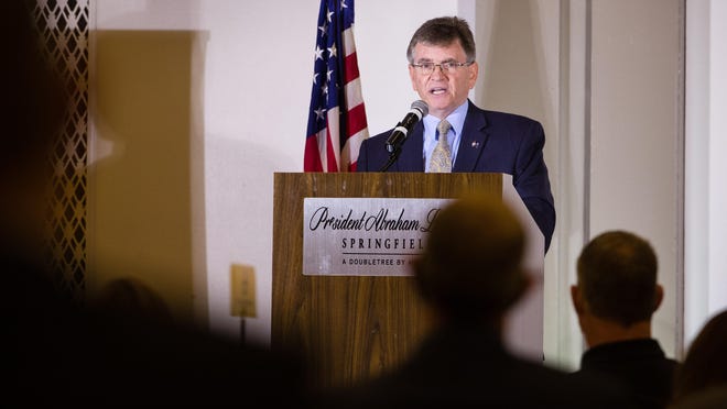 Springfield Mayor Jim Langfelder delivers his speech during The Greater Springfield Chamber of Commerce's 2020 State of the City event at the President Abraham Lincoln Hotel in Springfield Wednesday, Sept. 23, 2020.