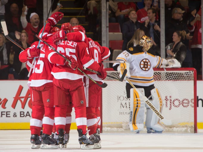 Detroit celebrates a goal by Justin Abdelkader in the