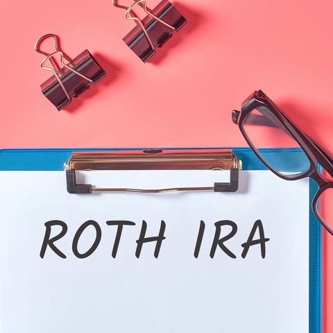 Roth IRA on clipboard with glasses.