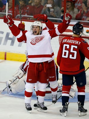 Red Wings left wing Justin Abdelkader celebrates his goal in the third period Wednesday.