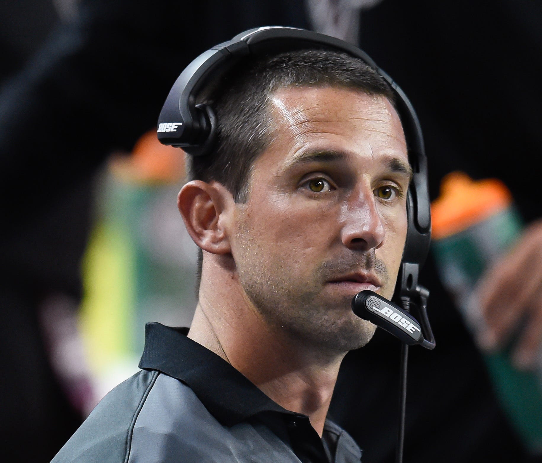 Atlanta Falcons offensive coordinator Kyle Shanahan is shown on the sideline during the game against the Baltimore Ravens during the second half at the Georgia Dome.