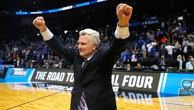 Kansas State coach Bruce Weber celebrates after defeating the Kentucky Wildcats during the 2018 NCAA Men's Basketball Tournament South Regional at Philips Arena on March 22, 2018 in Atlanta.