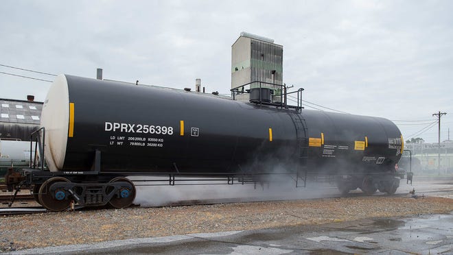 
New Castle Local Emergency Planning Commission holds large hazardous material rail accident drill at the former Occidental Chemical plant along Del. 9 just north of the Delaware City refinery on Saturday .
