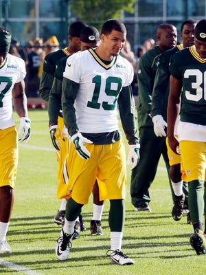 Green Bay Packers wide receiver Myles White practices July 30, 2015, in Green Bay, Wis.