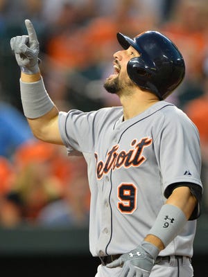 Tigers third baseman Nick Castellanos celebrates at home plate after hitting a two-run home run in the fifth inning of Saturday's loss in Baltimore.