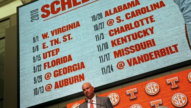 Tennessee NCAA college football head coach Jeremy Pruitt speaks during Southeastern Conference Media Days Wednesday, July 18, 2018, in Atlanta. (AP Photo/John Bazemore)