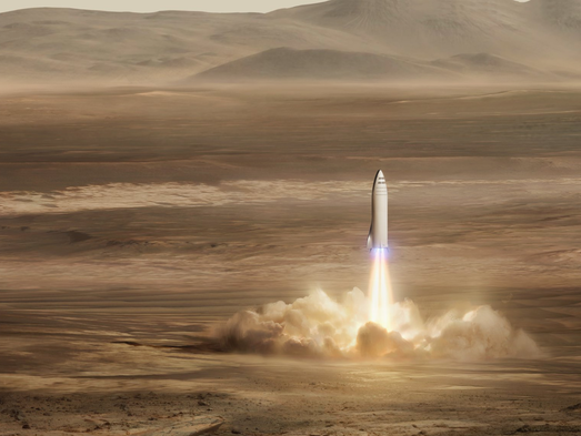 An artist's rendition of a SpaceX BFR conducting a