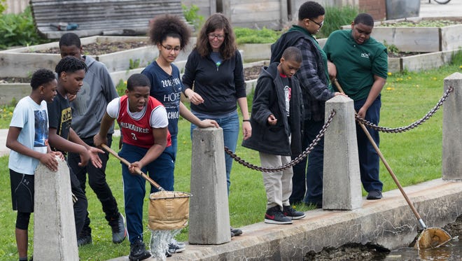 Students from HOPE Christian School attempt to net aquatic insects during an outdoor science class provided by the Urban Ecology Center at the lagoon in Washington Park.