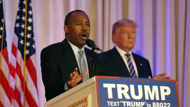 Former Republican presidential candidate Ben Carson, speaks after announcing he will endorse Republican presidential candidate Donald Trump March 11, 2016, in Palm Beach, Fla.