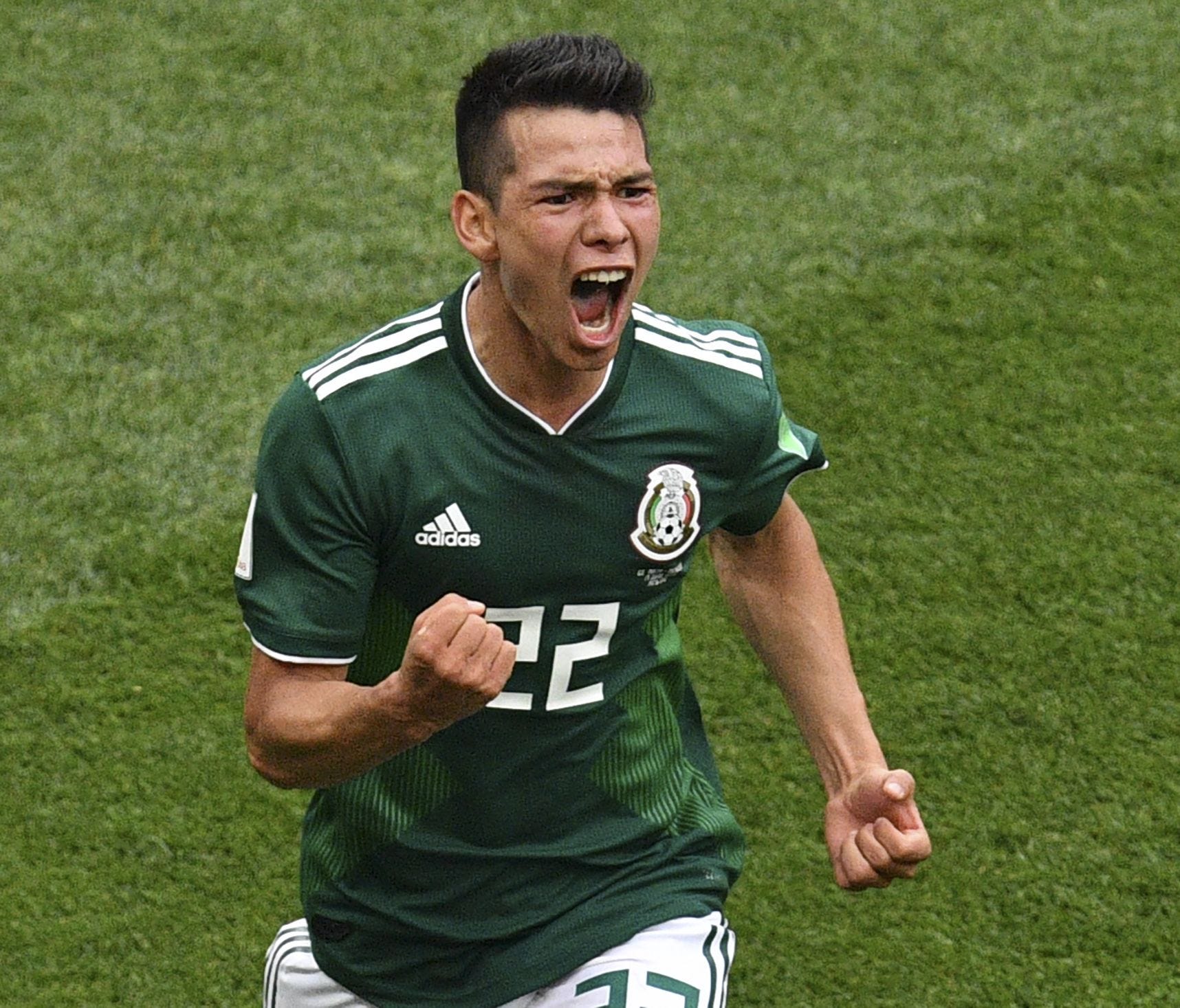 Hirving Lozano celebrates after scoring against Germany.