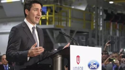Canadian Prime Minister Justin Trudeau speaks at the presentation at the Ford plant in Windsor, Ontario